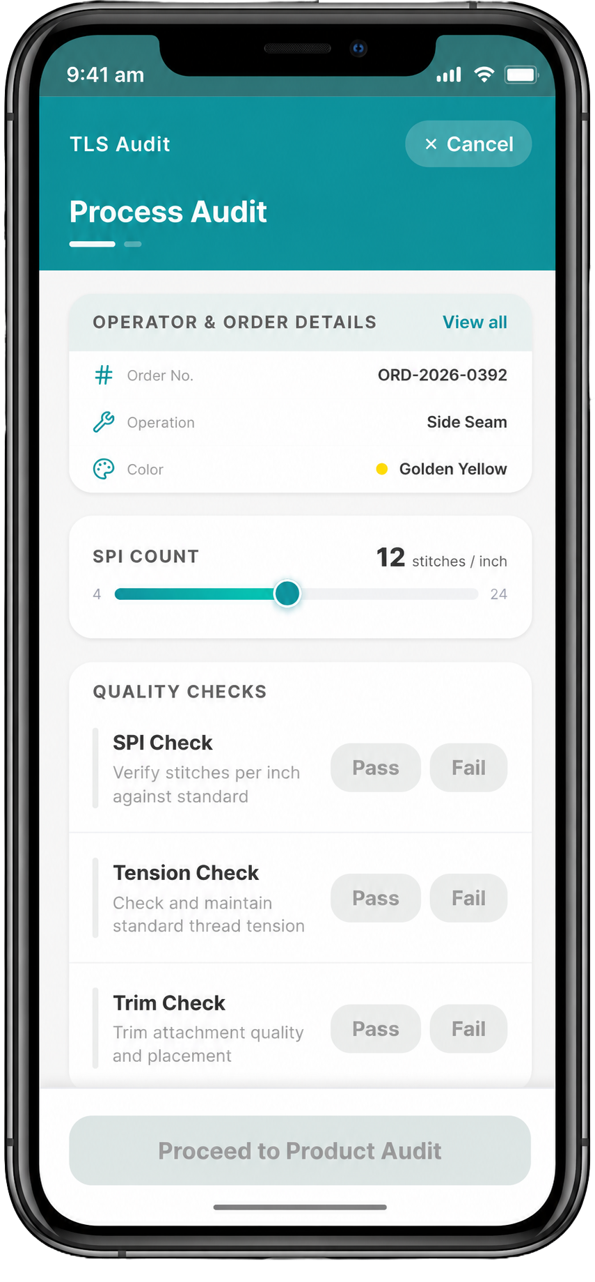 QOne mobile quality app showing a process audit screen