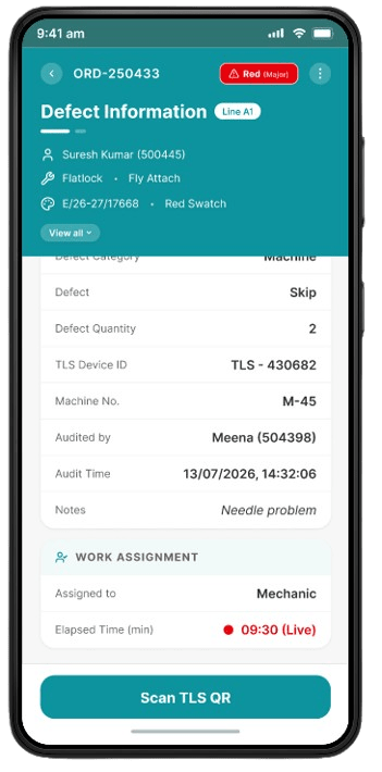 QOne task assignment screen showing defect information and work assignment details